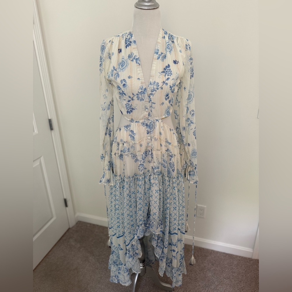 Floral Blue and Cream Women's Dress w/ Cut Outs Size Large